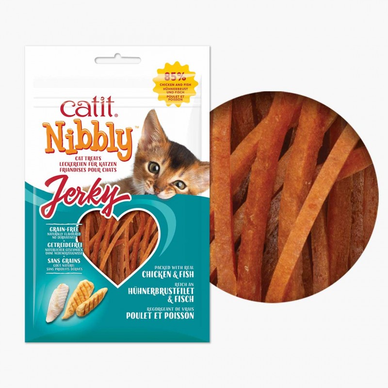 SNACKS SECOS PARA GATOS CATIT NIBBLY JERKY (Pollo y Pescado)